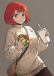  1girl bag blush breasts brown_eyes brown_pants closed_mouth cup disposable_cup drinking_straw food grey_background highres holding holding_cup holding_food jchoy looking_at_viewer mcdonald&#039;s medium_breasts original pants red_hair ribbed_sweater short_hair shoulder_bag simple_background smile solo sweater turtleneck turtleneck_sweater white_sweater 