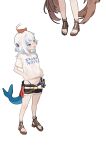  2girls bare_legs black_shorts blue_eyes blue_hair clothes_writing ebi-chan_(gawr_gura) fins fish_on_head fish_tail full_body gawr_gura hair_ornament highres hololive hololive_english hololive_summer_2023_swimsuit kani_fish long_hair looking_at_another midriff multicolored_hair multiple_girls nanashi_mumei official_alternate_costume open_mouth sandals shark_girl shark_tail shirt short_shorts short_sleeves shorts shrimp simple_background smile standing streaked_hair t-shirt tail toes two_side_up very_long_hair virtual_youtuber white_background white_hair white_shirt 