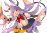 1girl :d absurdres animal_ear_fluff animal_ears bare_shoulders black_dress black_gloves blush bow breasts cleavage demon_horns demon_tail dress elbow_gloves fox_ears gloves hair_ornament halloween halloween_costume highres horns indie_virtual_youtuber jack-o&#039;-lantern kamishiro_natsume kitsune large_breasts long_hair looking_at_viewer open_mouth orange_eyes purple_hair red_bow simple_background sleeveless sleeveless_dress smile solo tail teeth upper_teeth_only virtual_youtuber white_background wings yuuhi_(yuuvi83) 