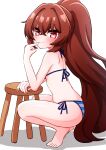  1girl :3 arm_rest bare_arms bare_legs bare_shoulders barefoot big_hair bikini blue_bikini blush breasts brown_hair closed_mouth crossed_bangs eyelashes finger_to_mouth from_side full_body hair_between_eyes hair_intakes hand_to_own_mouth hand_up high_ponytail highres kei_fukamiki long_hair looking_at_viewer looking_to_the_side original ponytail red_eyes shadow shoulder_blades side-tie_bikini_bottom simple_background small_breasts smile solo squatting stool string_bikini striped striped_bikini swimsuit very_long_hair white_background 
