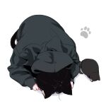  1girl animal animal_ear_fluff animal_ears black_cat black_hair black_hoodie black_theme bowing cat cat_ears cat_girl cat_tail commentary_request dogeza face_down highres hood hoodie megateru messy_hair original partial_commentary paw_print simple_background tail white_background 
