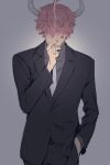  1boy black_jacket black_pants cigarette grey_background grey_shirt hair_over_eyes hand_in_pocket horns jacket male_focus necktie one_piece pants pink_hair raine_(acke2445) shirt short_hair smoke solo upper_body white_horns who&#039;s_who_(one_piece) 