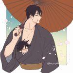  2496oyakodon 2boys black_hair black_kimono child cropped_torso falling_petals father_and_son fushiguro_touji gradient_background green_eyes holding holding_umbrella inside_clothes japanese_clothes jujutsu_kaisen kimono looking_to_the_side male_focus mature_male multiple_boys oil-paper_umbrella parted_lips pectoral_cleavage pectorals petals red_umbrella sash scar scar_on_face scar_on_mouth short_hair umbrella yukata 