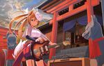  amplifier animal_ears bad_id bad_pixiv_id bike_shorts box brown_hair cloud cloudy_sky donation_box fox_ears fox_mask fox_tail guitar hair_ribbon inari instrument japanese_clothes kimono kurobuta_gekkan long_hair mask multiple_torii one_eye_closed original plant ponytail ribbon shrine shrine_bell sky smile solo statue sunset tail torii yukata 