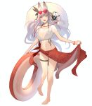  1girl :d absurdres animal_ear_fluff animal_ears barefoot bikini black_bikini breasts eyewear_on_head fox_ears fox_girl full_body hair_ornament highres holding holding_clothes indie_virtual_youtuber kamishiro_natsume kitsune large_breasts legs long_hair looking_at_viewer navel open_mouth orange_eyes see-through see-through_shirt shirt simple_background smile solo standing stomach sunglasses swimsuit thigh_strap toes virtual_youtuber white_background white_hair white_shirt yuuhi_(yuuvi83) 