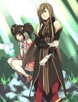  anise_tatlin artist_request black_hair brown_eyes brown_hair gloves green_eyes long_hair mieu multiple_girls red_legwear ribbon smile tales_of_(series) tales_of_the_abyss tear_grants twintails 
