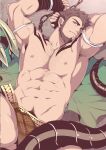  1boy abs bandaged_hand bandages bara beard brown_hair chest_tattoo closed_mouth dragon_boy dragon_tail facial_hair green_eyes highres large_pectorals lying male_focus male_pubic_hair mazjojo muscular muscular_male navel nipples on_back one_eye_closed original pectorals pelvic_curtain pubic_hair short_hair solo tail tattoo 