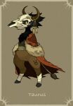  1boy animal_skull cape fur-trimmed_cape fur_trim furry furry_male highres horns maniani original red_cape solo tail taurus_(symbol) taurus_(zodiac) yellow_eyes zodiac 