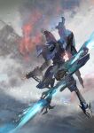 armored_core armored_core_6 double-blade energy_blade full_body green_eyes gun handgun highres holding holding_gun holding_weapon mecha mecha_focus midair miso_katsu missile_pod no_humans outdoors reverse-jointed_legs robot science_fiction smoke steel_haze thrusters weapon 