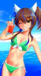  1girl alternate_costume animal_ears ao_komhur bare_shoulders beach bikini blue_hair blue_sky breasts brown_hair colored_inner_hair commentary_request cowboy_shot cup daitaku_helios_(umamusume) drinking_straw facial_tattoo front-tie_bikini_top front-tie_top green_bikini grin highres holding holding_cup horse_ears horse_girl medium_breasts medium_hair multicolored_hair navel ocean one_eye_closed outdoors side-tie_bikini_bottom sky smile solo streaked_hair swimsuit tan tattoo umamusume water yellow_eyes 