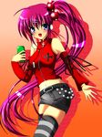  blue_eyes blush breasts cellphone chubame hair_ornament little_busters! long_hair medium_breasts midriff phone pink_hair ponytail purple_hair saigusa_haruka shorts side_ponytail solo striped striped_legwear thighhighs 