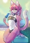 anthro batnaps beach bell bell_collar biped bulge clothing collar dipstick_tail domestic_cat felid feline felis food fur girly gris_swimsuit hair hi_res male mammal markings meme meme_clothing one-piece_swimsuit pink_body pink_fur pink_hair popsicle seaside smile swimwear tail tail_markings translucent translucent_clothing translucent_swimwear