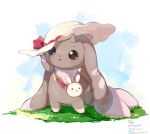  arm_up chestnut_mouth digimon digimon_(creature) fang floppy_ears hat highres horns legs_apart lopmon open_mouth solo standing sun_hat twitter_username white_headwear youzaiyouzai112 