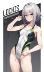 1girl blush closed_mouth collarbone competition_swimsuit covered_navel cowboy_shot dosu_(doseven) green_eyes grey_hair looking_at_viewer one-piece_swimsuit phantasy_star phantasy_star_online_2 short_hair smile solo standing swimsuit 