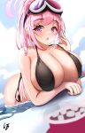  1girl :o absurdres bikini black_bikini blue_archive blush breasts eimi_(blue_archive) eimi_(swimsuit)_(blue_archive) goggles goggles_on_head halo highres huge_breasts long_hair loob looking_at_viewer official_alternate_costume open_mouth pink_hair pink_halo ski_goggles solo swimsuit 
