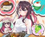  &gt;_&lt; 1girl absurdres azki_(hololive) baseball_cap black_hair bowl chopsticks colored_inner_hair dress eating food fork from-moon fruit grapes hat highres holding holding_fork holding_knife hololive knife long_hair meat mole mole_under_eye multicolored_hair pink_hair purple_eyes rice_bowl romaji_text sparkling_eyes virtual_youtuber 