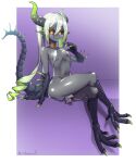  1girl animal_feet animal_hands black_sclera blue_tongue breasts claws closed_mouth colored_eyelashes colored_sclera colored_skin colored_tongue digitigrade drill_hair forked_tongue full_body green_hair green_horns grey_horns grey_skin halterneck hand_up highres horns jewelry long_hair looking_at_viewer mikagura monster_girl neck_ring original pelvic_curtain pointy_ears purple_background sidelocks simple_background sitting slit_pupils small_breasts smile solo tail tongue tongue_out twintails yellow_eyes 