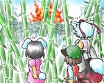  3girls animal_ears bamboo bamboo_forest bare_shoulders bit_(kksbit) black_hair brown_hair bunny_ears bunny_tail cat_ears cat_tail chen detached_sleeves explosion forest inaba_tewi inubashiri_momiji multiple_girls multiple_tails nature silver_hair tail touhou wolf_ears wolf_tail 