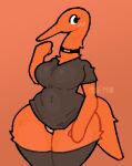 aliasing anthro artist_name black_choker black_jewelry black_necklace blush breasts choker clothed clothing digital_media_(artwork) female fur grey_clothing grey_legwear grey_shirt grey_stockings grey_thigh_highs grey_topwear jewelry legwear long_neck medium_breasts navel_outline necklace orange_body orange_clothing orange_fur orange_panties orange_underwear panties pear-shaped_figure probablydemo shirt slightly_chubby solo squirmle standing stockings tail thick_thighs thigh_highs topwear underwear watermark wide_hips worm