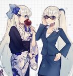  1girl absurdres adjusting_eyewear alternate_costume blue_bow blue_eyes blue_hair blue_jacket blue_skirt blush bow braid candy_apple closed_mouth cowboy_shot fate/grand_order fate_(series) floral_print flower food french_braid glasses grey_hair grid_background hair_bow hair_flower hair_ornament hand_up highres holding holding_food jacket japanese_clothes kimono long_hair long_sleeves looking_at_viewer morgan_le_fay_(fate) multiple_views noa_pisces notice_lines obi obijime open_clothes open_jacket open_mouth pencil_skirt ponytail print_kimono sash simple_background skirt sparkle standing very_long_hair white_background white_kimono wide_sleeves 