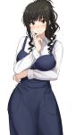  1girl amagami black_hair blue_dress blue_eyes breasts closed_mouth collared_shirt commentary_request dress long_sleeves looking_at_viewer medium_breasts medium_hair mobu morishima_haruka shirt simple_background smile solo white_background white_shirt 