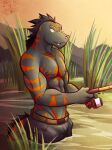 2023 5_fingers abs anthro artist_name athletic athletic_male belt biceps black_bottomwear black_clothing black_hair black_shorts bottomwear calm claws clothing digital_media_(artwork) dusk echo_(game) echo_(series) echo_project fingers fishing fishing_rod flynn_moore front_view furred_tail gila_monster grass green_eyes hair helodermatid hi_res holding_fishing_rod holding_object lake lizard male mountain muscular nipples outside partially_submerged pecs plant reptile scales scalie shadow shirtless shorts side_view sky smile solo standing triceps ventkazemaru water watermark