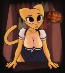 absurd_res anthro bethesda_softworks big_breasts breasts brown_eyes cleavage clothed clothing dirndl felid female first_person_view fur glistening glistening_breasts gloomythf_(artist) hi_res humanoid katia_managan khajiit mammal prequel_adventure solo solo_focus the_elder_scrolls webcomic yellow_body yellow_fur