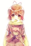  1girl alternate_costume antenna_hair blush blush_stickers brown_coat brown_eyes brown_hair brown_mittens clannad coat commentary_request dango food furukawa_nagisa hair_between_eyes hands_up highres holding long_sleeves looking_at_viewer mittens natsuoto_rito open_mouth scarf simple_background sketch smile solo straight-on wagashi white_background winter_clothes yellow_scarf |_| 