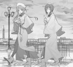  2girls aria_(manga) aria_company_uniform building city greyscale lamppost looking_at_viewer mizunashi_akari monochrome multiple_girls puddle scenery suiso_(owp) 