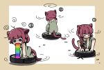  1girl @_@ animal_ears bocchi_the_rock! border braid brown_border cat_ears cat_girl cat_tail dress goumonsha green_dress highres hiroi_kikuri kemonomimi_mode motion_lines multiple_views outside_border red_hair robotic_vacuum_cleaner single_braid sitting solo tail vomiting_rainbows white_background 