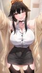  1girl absurdres akchu bare_shoulders black_hair blush breasts bursting_breasts button_gap buttons chobi_(akchu) choker cleavage hair_between_eyes hair_ribbon highres huge_breasts long_hair original outstretched_arms red_eyes ribbon shirt sidelocks smile thighhighs thighs undersized_clothes white_shirt wide_hips 
