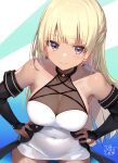  1girl alice_gear_aegis araime_yasuri bare_shoulders black_gloves blonde_hair blue_eyes blunt_bangs blush breasts cleavage closed_mouth collarbone commentary_request covered_navel dark-skinned_female dark_skin dress earrings elbow_gloves fingerless_gloves gloves hands_on_own_hips highres jewelry kakerayuri large_breasts long_hair looking_at_viewer see-through see-through_cleavage signature sleeveless sleeveless_dress smile solo white_dress 