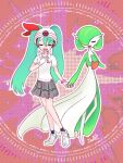  2girls aqua_hair artist_name black_skirt blush bob_cut bracelet closed_eyes collared_shirt colored_skin commentary_request facing_viewer flat_chest full_body gardevoir gloves green_hair green_skin hair_between_eyes hair_over_one_eye hand_on_own_chest hand_up happy hatsune_miku heel_up helmet holding_hands jewelry kitsune_neko_tsuu knees_together_feet_apart light_blush long_hair miniskirt multicolored_background multicolored_skin multiple_girls one_eye_covered open_mouth outline pleated_skirt poke_ball_symbol pokemon pokemon_(creature) project_voltage psychic_miku_(project_voltage) shirt shoes short_hair short_sleeves signature single_glove skirt smile standing twintails two-tone_skin u_u vocaloid white_footwear white_gloves white_headwear white_outline white_shirt white_skin 