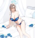  1girl absurdres asuna_(blue_archive) asymmetrical_bangs blue_archive blue_bra blue_flower blue_panties blue_rose blush bra breasts cleavage feet_out_of_frame fingernails flower hair_over_one_eye halo highres huge_breasts indoors light_brown_hair lingerie long_bangs looking_at_viewer nail_polish navel norisukexxy one_eye_covered panties rose sitting smile solo stomach underwear 