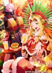  1boy 1girl ;d bag beckoning bell black_coat burger christmas christmas_ornaments christmas_tree closed_mouth coat copyright_notice cup disposable_cup dress drinking_straw fast_food fate/grand_order fate_(series) feather_hair_ornament feathers feet_out_of_frame food fur-trimmed_dress fur_trim gloves hair_ornament hair_over_one_eye hanging_light headdress holding holding_bag holding_cup jingle_bell karna_(fate) karna_(santa)_(fate) low-tied_sidelocks mcdonald&#039;s meiji_ken official_art one_eye_closed paper_bag parted_bangs quetzalcoatl_(fate) quetzalcoatl_(samba_santa)_(fate) red_gloves ribbon sandbag sitting smile standing table 