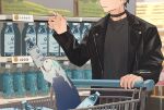  1boy animal black_choker black_hair black_jacket black_shirt bottle character_request choker earrings english_commentary english_text genshin_impact groceries indoors jacket jewelry male_focus ring shirt shopping_cart sora2396 standing water wriothesley_(genshin_impact) 