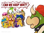  6+boys blonde_hair blue_hair bowser bowser_jr. crown dress elbow_gloves english_text gloves green_hair highres iggy_koopa kairy_draws koopalings larry_koopa lemmy_koopa long_hair ludwig_von_koopa mario_(series) mario_power_tennis mario_tennis morton_koopa_jr. multiple_boys multiple_girls pointy_ears roy_koopa short_hair spikes warupeach wendy_o._koopa white_background 