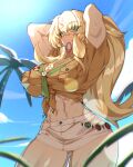 1girl abs absurdres arms_behind_head arms_up barghest_(fate) barghest_(swimsuit_archer)_(fate) barghest_(swimsuit_archer)_(first_ascension)_(fate) biceps blonde_hair blue_sky blush breasts cleavage fate/grand_order fate_(series) green_eyes grey_skirt high_ponytail highres hyperbudd large_breasts long_hair looking_at_viewer midriff miniskirt mouth_hold muscular muscular_female navel neckerchief palm_tree pencil_skirt shirt short_sleeves sidelocks skirt sky solo thick_thighs thighs tied_shirt tree yellow_shirt 