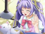  blurry bomi cat closed_eyes depth_of_field game_cg glass jpeg_artifacts long_hair non-web_source purple_hair samayou_mitama_ni_yasuragi_no_toki_wo smile solo stuffed_animal stuffed_cat stuffed_toy twintails 