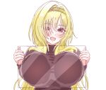  against_glass blonde_hair blush breast_press breasts breasts_on_glass fang hairband highres idolmaster idolmaster_cinderella_girls kurosaki_chitose large_breasts red_eyes skin_fang thewatchertmk turtleneck white_background 