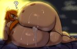 anthro big_butt bodily_fluids butt canid canine canis cum domestic_dog feet genital_fluids hair hi_res huge_butt inuzu looking_at_viewer lying male mammal on_side open_mouth orange_hair pupils rear_view solo sweat thick_thighs