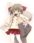  1boy 1girl bad_id bad_pixiv_id blue_eyes blush brown_hair child copyright_request kito_(sorahate) lift pantyhose short_hair skirt spoken_ellipsis white_legwear 