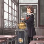  breath brown_hair chalkboard desk hairband highres kako-hime kettle pantyhose real_life real_life_insert saimon scarf school school_uniform snow solo stove window winter 