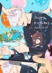  1boy 3others ^_^ balloon black_jacket black_pants blue_background bouquet cellphone closed_eyes cowboy_shot dated gojou_satoru hand_on_another&#039;s_back hand_on_another&#039;s_head happy_birthday highres holding holding_bouquet holding_phone jacket jujutsu_kaisen long_sleeves male_focus multiple_others open_mouth pants phone short_hair sitting smartphone smile solo_focus stuffed_animal stuffed_toy subesubemanjuugani taking_picture teddy_bear white_hair 