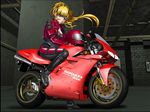  blonde_hair bodysuit cal_devens green_eyes ground_vehicle helmet long_hair motor_vehicle motorcycle non-web_source phantom_of_inferno ponytail solo 