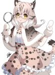  1girl animal_ears blush brown_eyes brown_hair brown_thighhighs closed_mouth commission dark_skin eurasian_lynx_(kemono_friends) glasses gloves gradient_hair hatagaya holding holding_magnifying_glass kemono_friends long_sleeves looking_at_viewer magnifying_glass medium_hair multicolored_hair semi-rimless_eyewear skeb_commission smile solo tail thighhighs under-rim_eyewear white-framed_eyewear white_gloves white_hair 