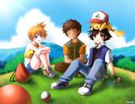  2boys bare_legs baseball_cap blue_eyes blush day denim denim_shorts field gen_1_pokemon grass hat jeans kasumi_(pokemon) knees_up long_sleeves looking_at_viewer multiple_boys nefis orange_hair outdoors pants pikachu poke_ball pokemon pokemon_(anime) pokemon_(creature) satoshi_(pokemon) shorts side_ponytail spikes takeshi_(pokemon) 