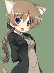  aikei animal_ears blazer blue_eyes braid brown_hair cat_ears cat_tail hair_ribbon jacket long_hair lowres lynette_bishop necktie open_mouth ribbon single_braid solo strike_witches tail world_witches_series 