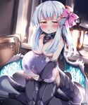  1girl animal_hug blush bow breasts choker cleavage convenient_arm dragon_girl dragon_tail dragon_wings grey_thighhighs groin hair_bow hair_over_breasts highres indoors kneeling lantern long_hair looking_at_viewer nude original pointy_ears red_eyes ribbon see-through slime_(creature) tail thighhighs thighs white_hair window wings yuka_danbow 