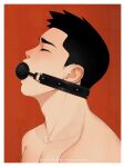  1boy ball_gag bara bdsm black_hair chioneoc closed_eyes gag gag_harness gagged highres male_focus original pectoral_cleavage pectorals portrait profile red_background saliva saliva_drip short_hair simple_background solo topless_male 